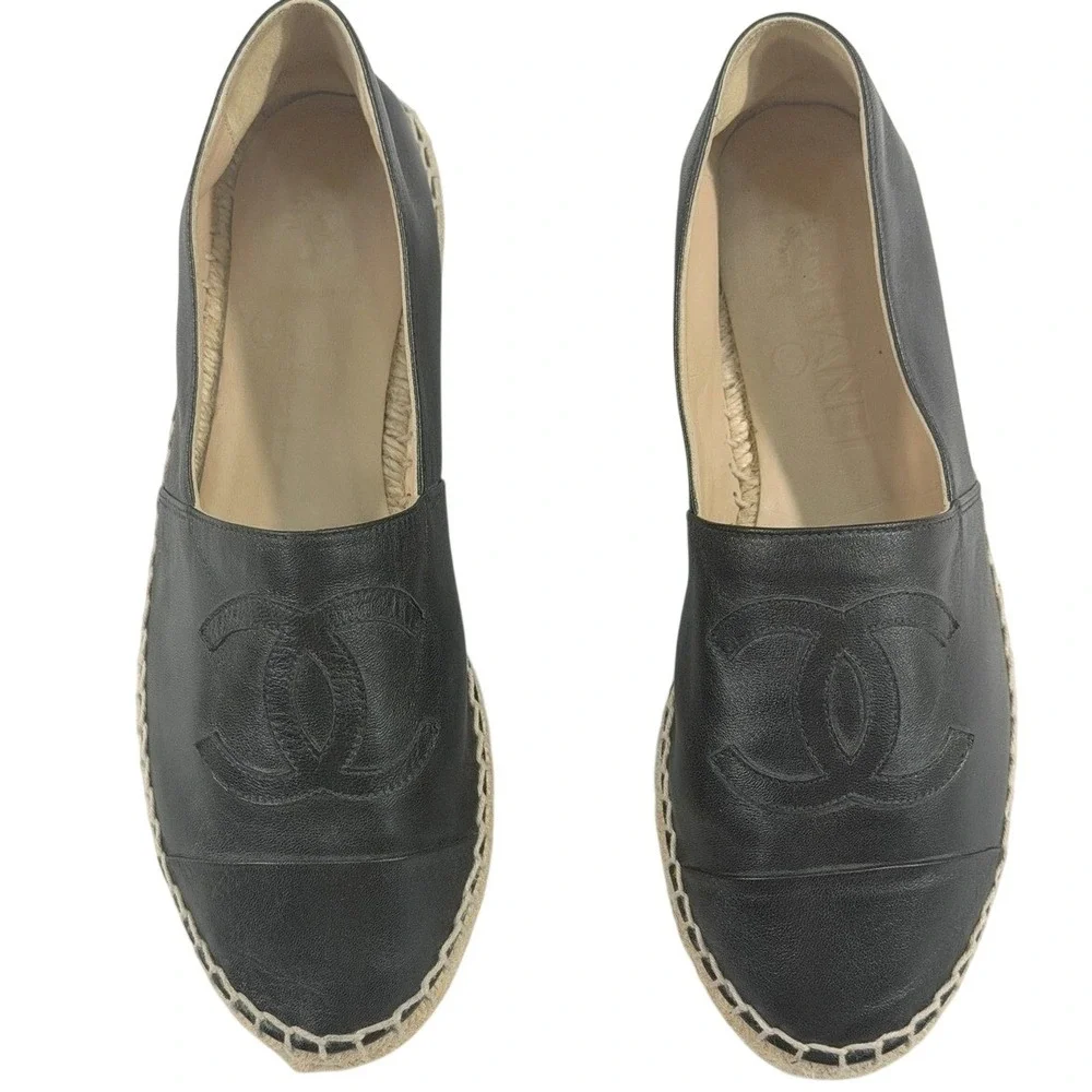 CHANEL Lambskin Espadrilles Black CC 37 Auth New w/o Box Leather Flats Slip-On